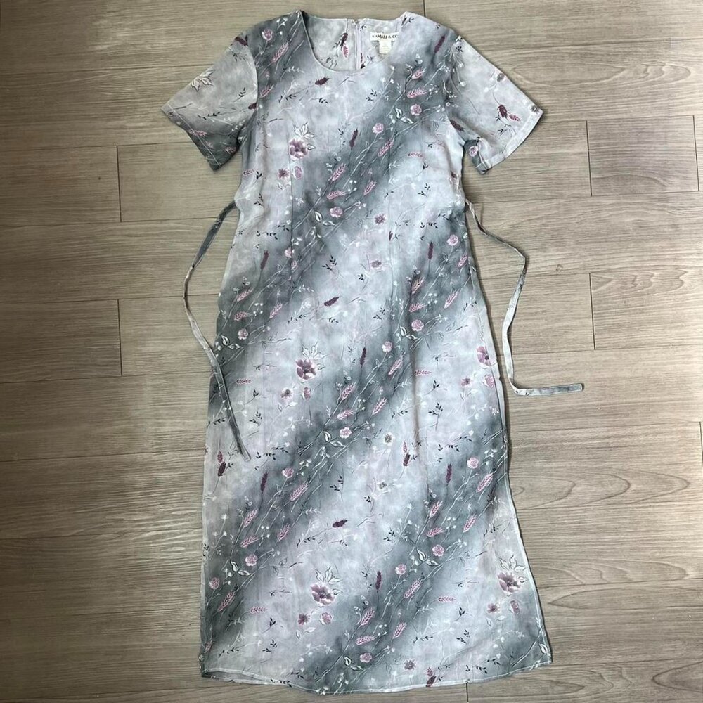 Vintage 90s Gray & Purple Floral Striped Maxi Shirt Dress W/ Waist Tie Size S